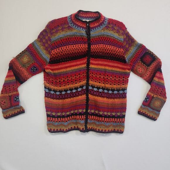 90s Vintage Fairy Rainbow Granny Square Crochet Zip up Sweater Cardigan Lg